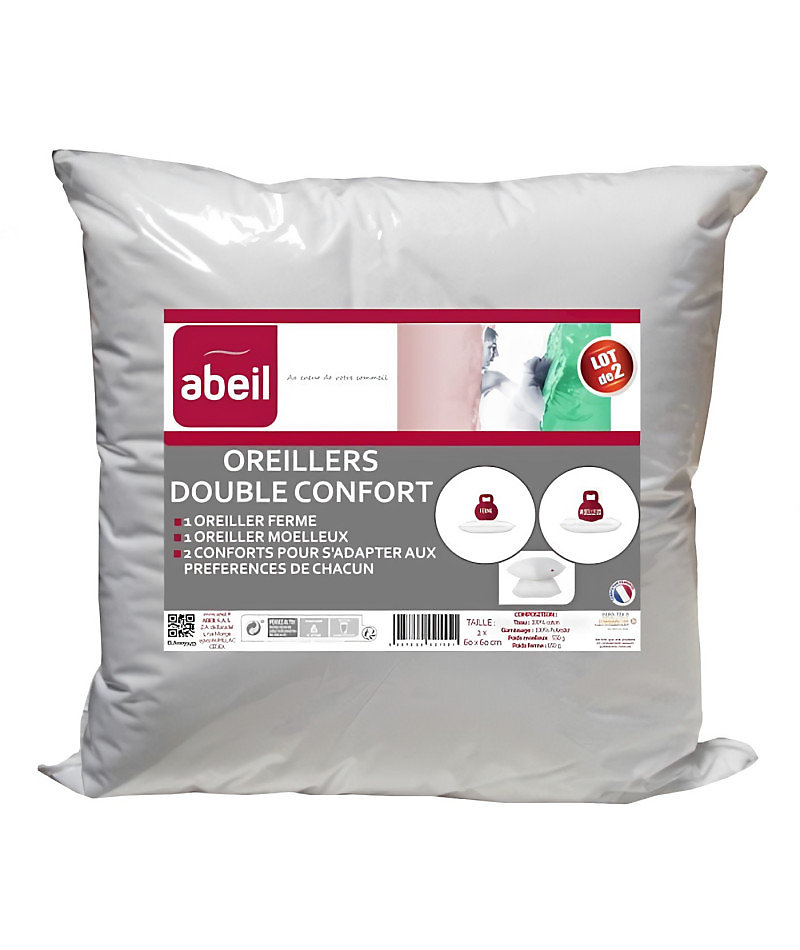 ABEIL Lot de 2 Oreillers DOUBLE CONFORT 100% Coton 60 × 60cm