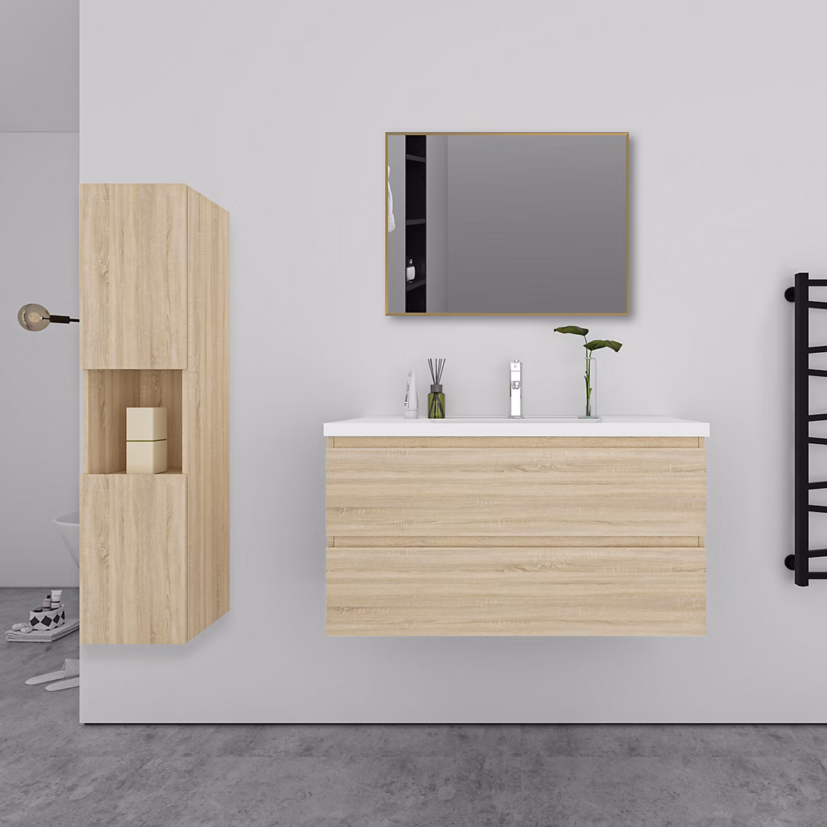 Ensemble meuble Chêne et vasque L.100cm 2 tiroirs + colonne haut + lavabo + miroir 80 × 60cm