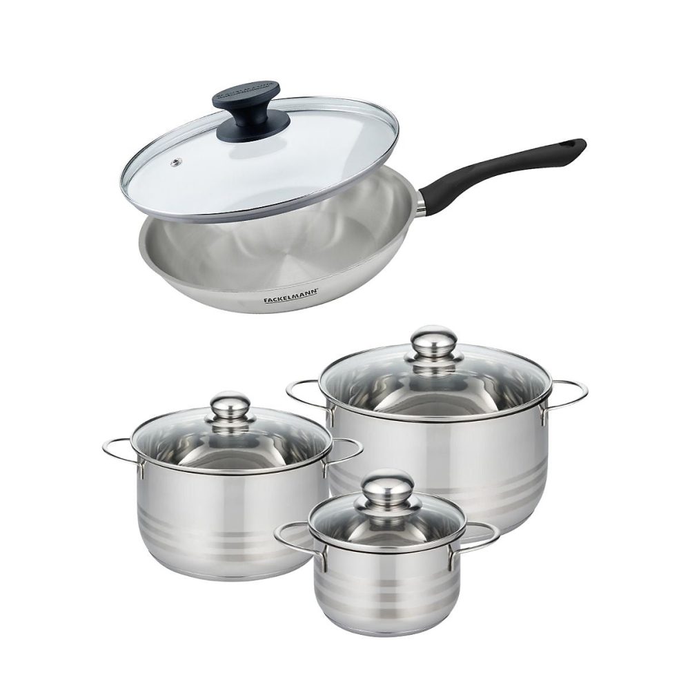 Batterie de cuisine avec 1 poêle 28 cm et 3 faitouts 16/20/24 cm sans PFAS Fackelmann Généva Brillant avec couvercles – Réf. BDMBPZGJK8566505763