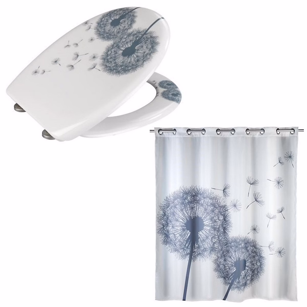 Abattant WC et rideau de douche à motifs pissenlit Blanc – L. 45 x l. 37.5 x H. 0.3 cm, ASTERA