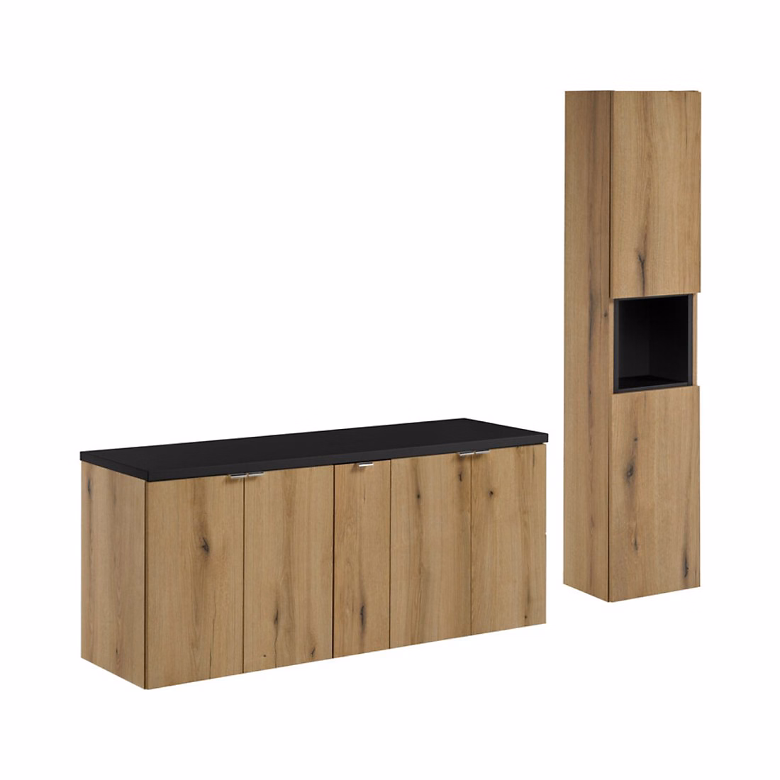 Ensemble meuble de salle de bains – Ensemble de salle de bain suspendu VANO aspect chene et noir 170cm : meubles sous vasque à placards et plan pour vasque et colonne