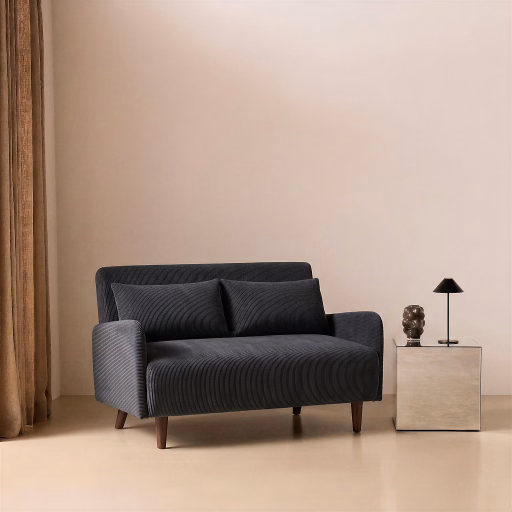 Canapé convertible 2 places scandinave velours côtelé gris foncé | Panam – pieds bois. banquette. dossier inclinable