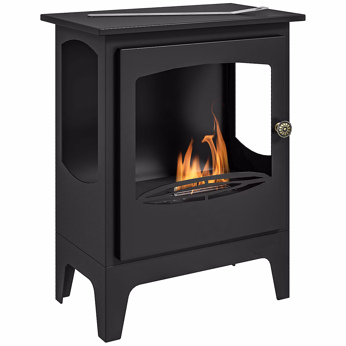 Cheminée bioéthanol sur pied style néo-rétro poêle – brûleur 1, 2 L, contrôle de flamme et manche inclus, acier noir