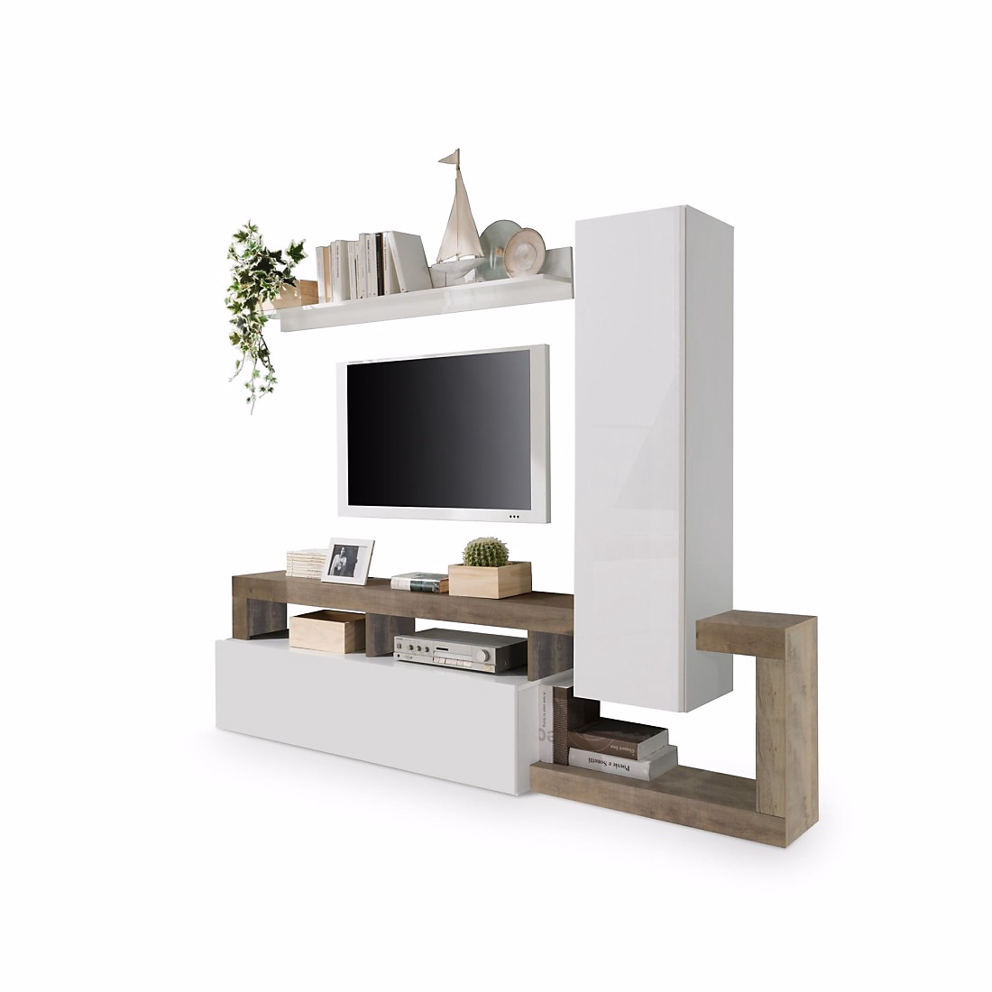 Ensemble meubles salon avec rangements – collection BURA, longueur 219 cm, blanc laqué/chene cadiz