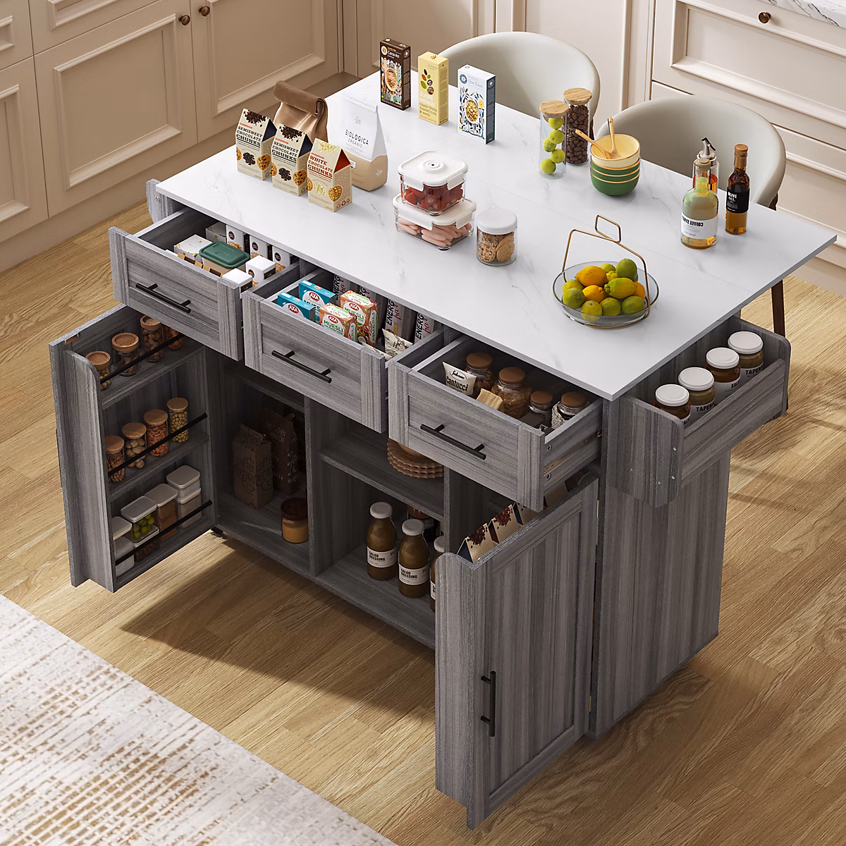 Îlot de Cuisine Mobile avec Plan de Travail Rabattable – 3 Tiroirs | 4 Compartiments de Rangement | Gris | 120x71x91 | 5 cm