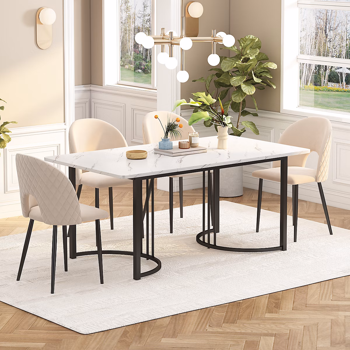 Ensemble table et chaises 140 × 80 × 75 cm avec 4 chaises assise rembourrée velours – plateau effet marbre