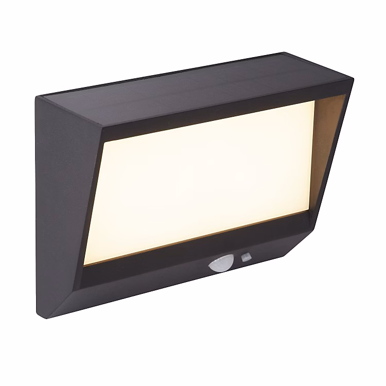 Applique Plate Aluminium Noir et Polycarbonate givré Solaire detect infrarouge – 3.7v 2w 246 Lumens 3000k SOLAR LED