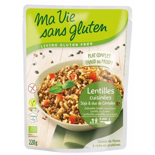 Repas de lentilles cuisinées et céréales bio en doypack de 220 g