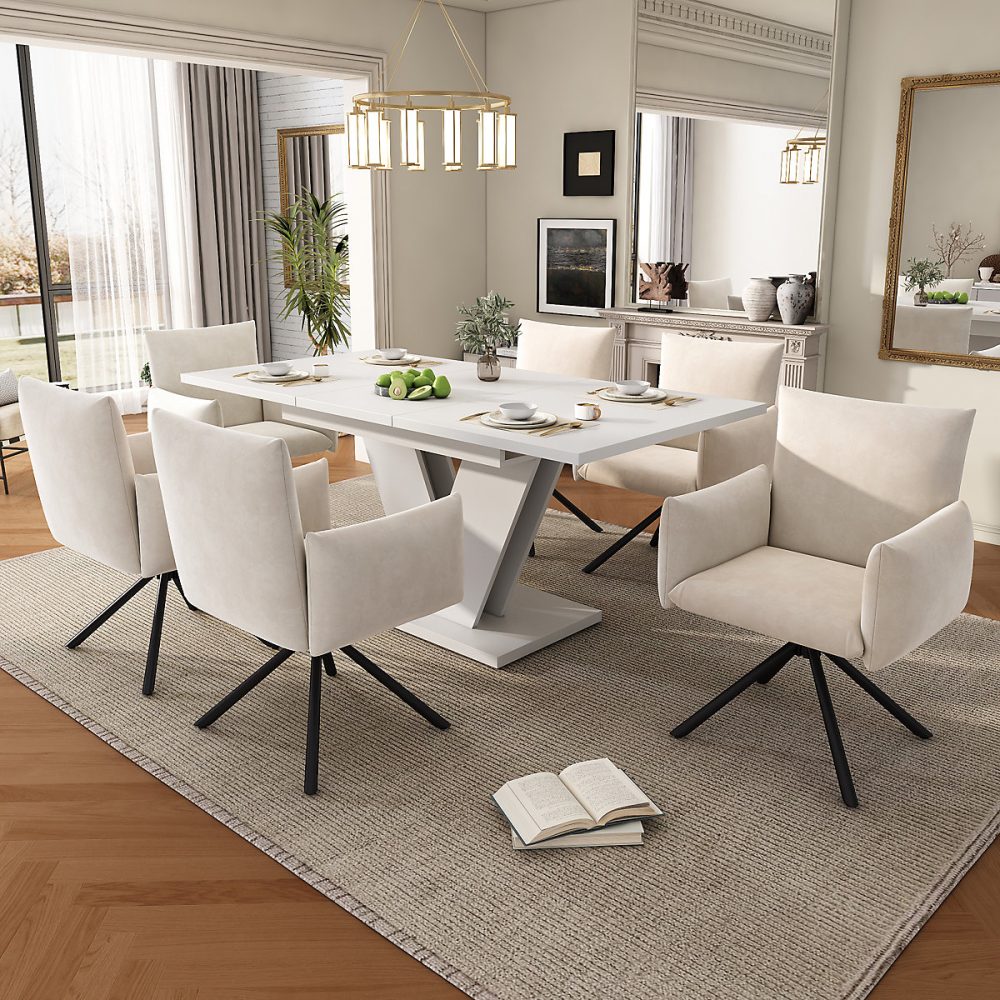 Ensemble table à manger extensible 120/160 × 80 cm blanc avec 6 chaises en velours
