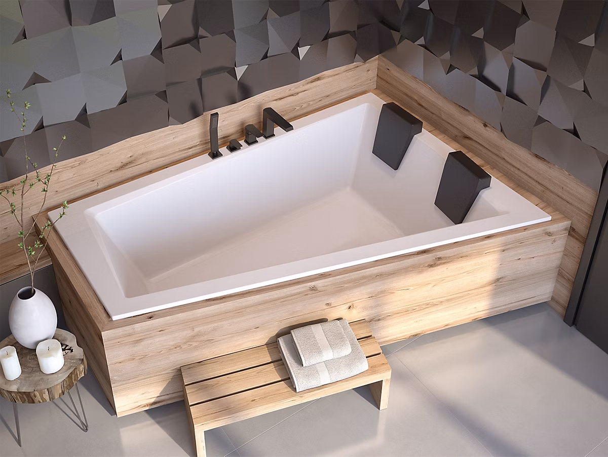 Baignoire asymétrique 170 × 125 Droite INTIMA SLIM acrylique blanc – sans Habillage + Repose Tête + Pieds + Vidage à chromé