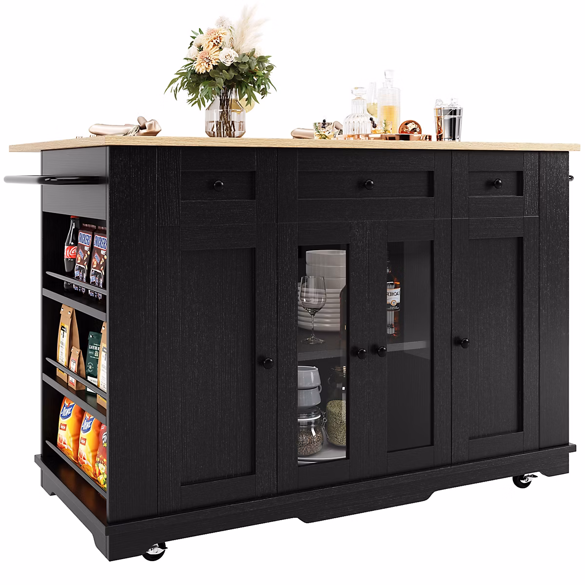 Buffet De Cuisine Noir Et Bois – Cloisons Amovibles, Verre Trempé, Table Et Buffet Intégrés