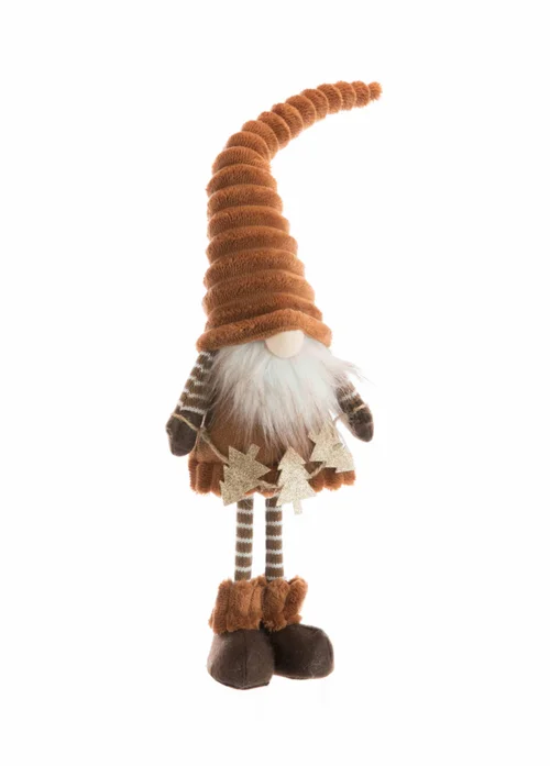 Gnome en tissu avec bonnet caramel et décoration en bois - 16 x 10 x 54 cm