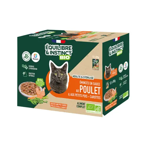Aliment humide pour chat adulte bio poulet petits pois carottes Équilibre & Instinct - 12 x 85 g