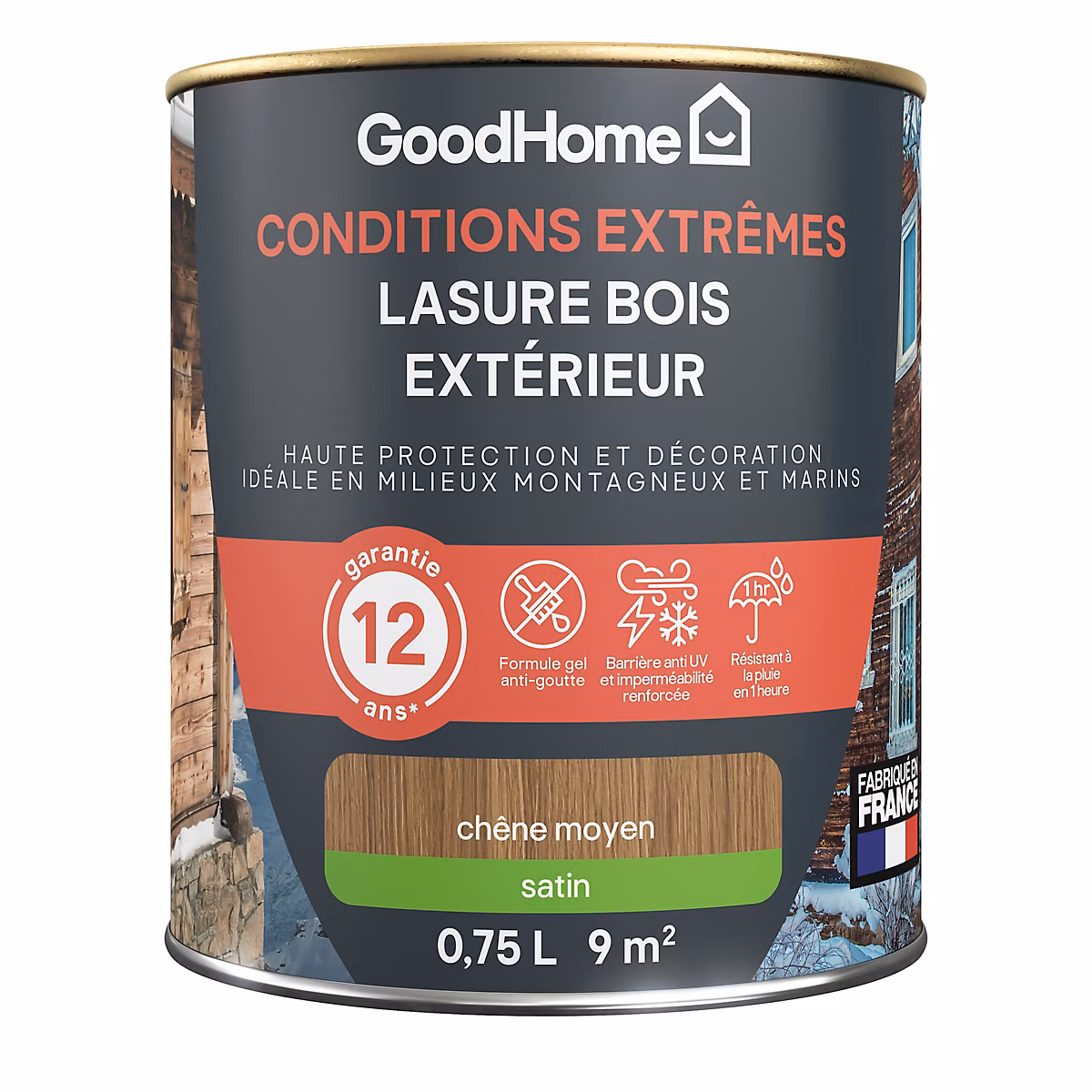 Peinture extérieure – Lasure extérieure chêne moyen satin 12 ans GoodHome 750ml