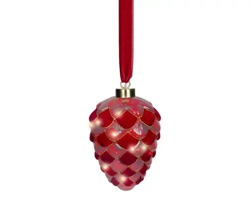 Pomme de pin en verre rouge à micro LED blanc chaud - Ø 15 x H 21,5 cm