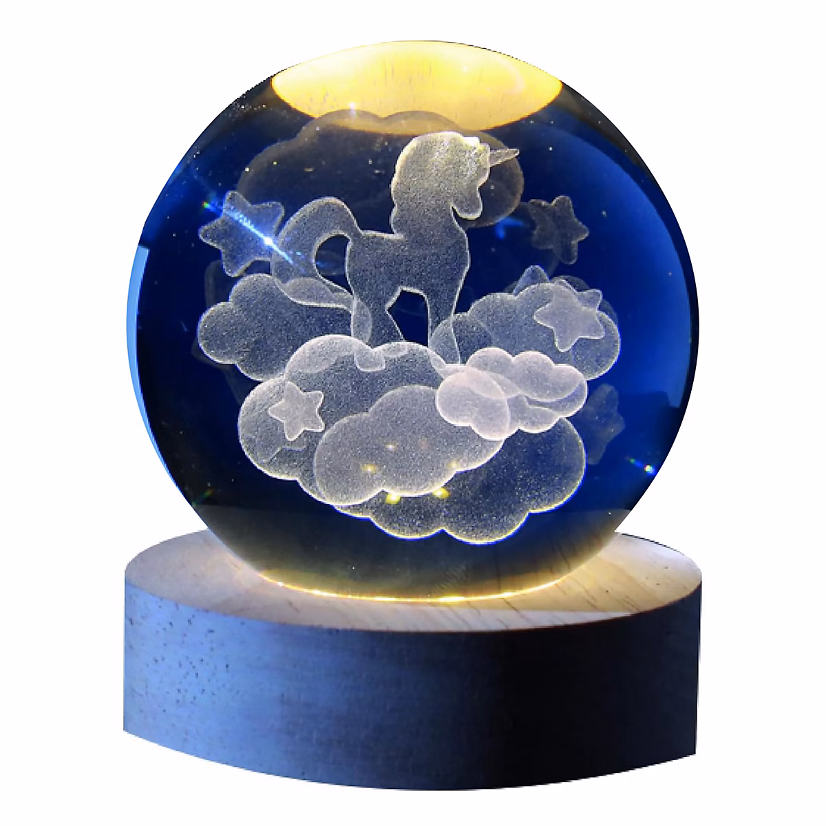 Boule de verre 3D avec LED RGB effet au plafond – veilleuse pour enfants, lampe de nuit avec base en bois, thème fantastique