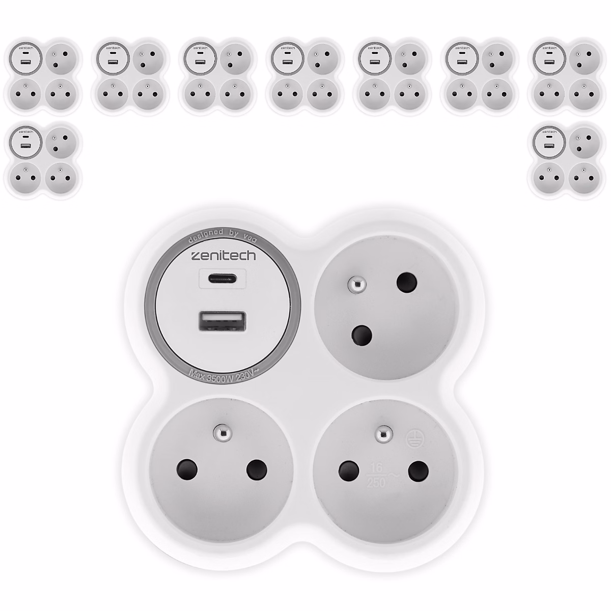 5 prises 3 × 16A + 2 ports USB A/C – Zenitech