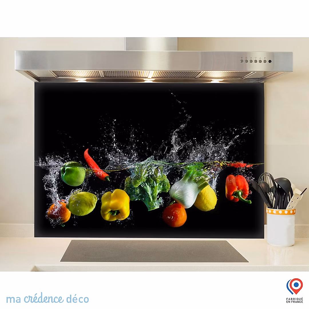 Crédence cuisine fond de hotte Bain de légumes – Verre trempé, L 70 cm x H 60 cm, MaCrédenceDéco