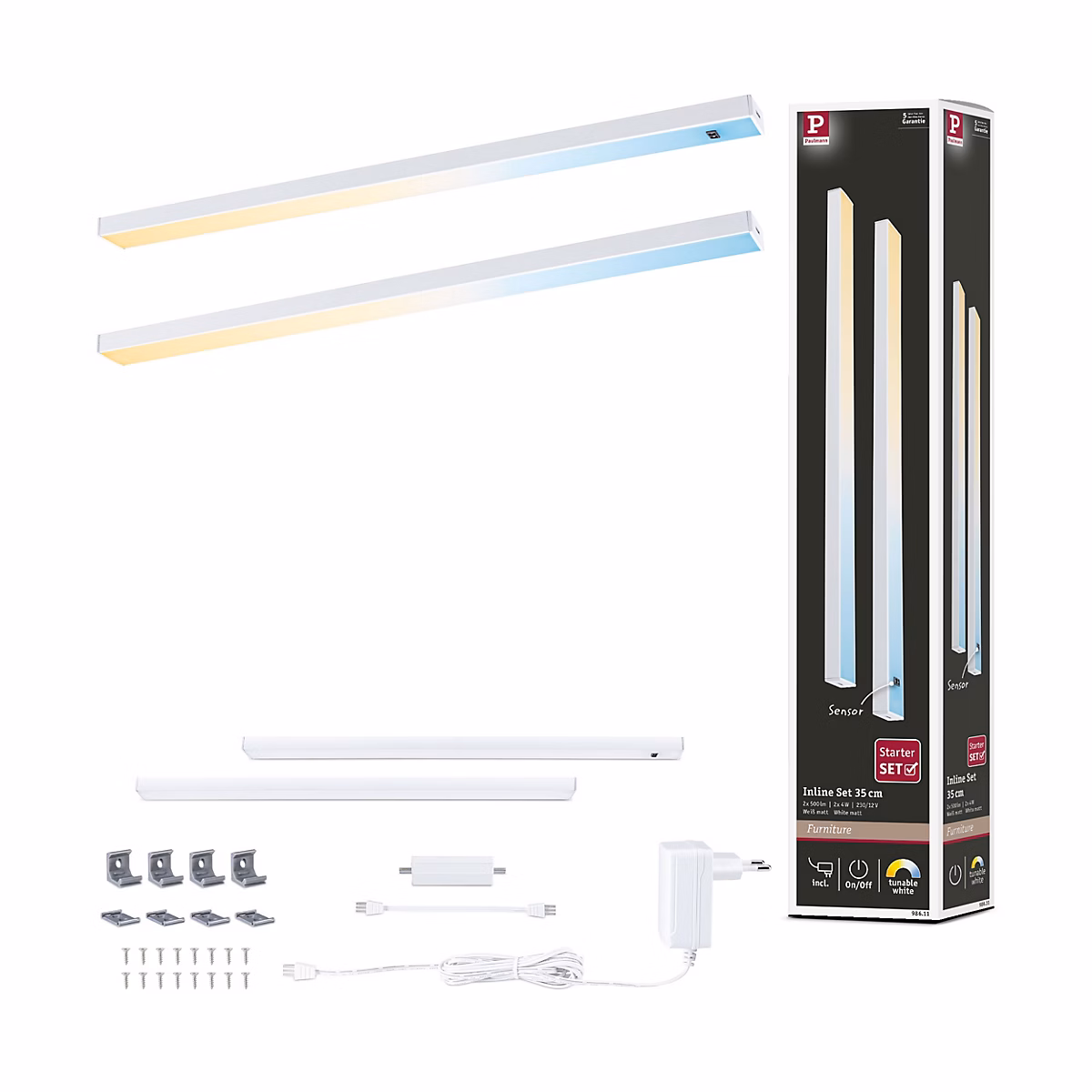 Éclairage sous – meubles LED Inline Kit de démarrage Tunable White 2x4W 350 × 26 mm 2x350lm 230/24V Blanc dépoli