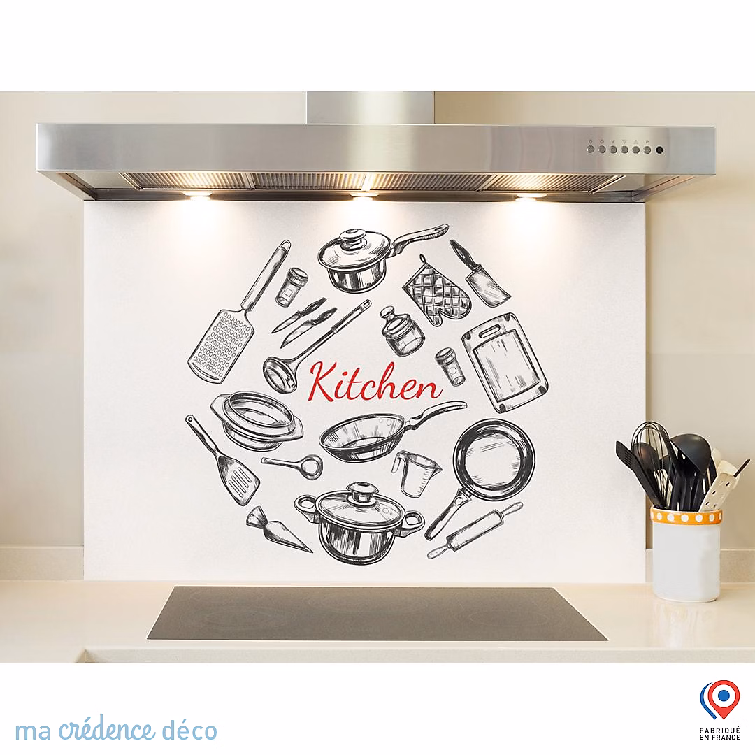Crédence cuisine fond de hotte Dessin et ustensiles | Verre trempé – L 70 cm x H 60 cm – MaCrédenceDéco