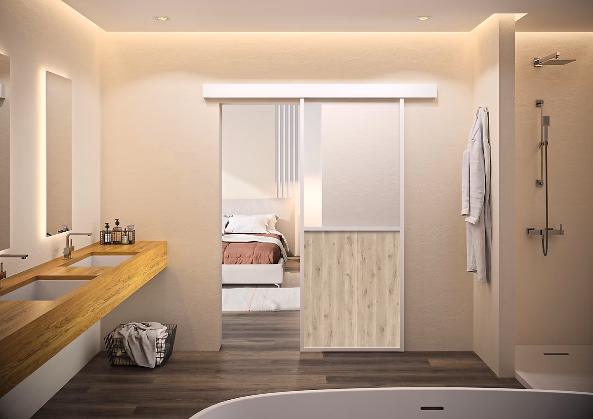 Kit porte coulissante atelier blanche chêne terra avec rail | cadre aluminium 93 × 204 cm – Optimum