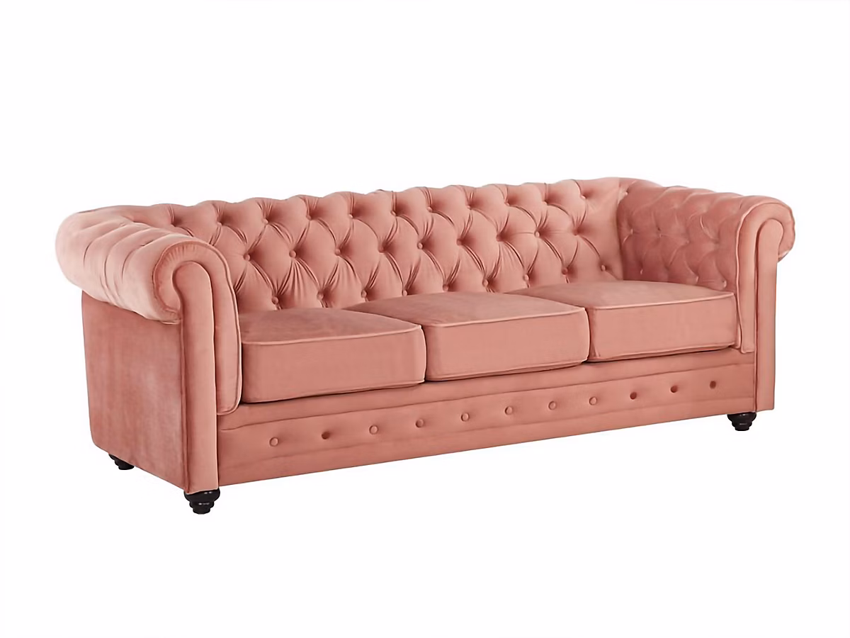 Canapé 3 places CHESTERFIELD – Velours rose pastel