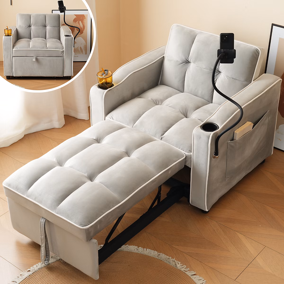 Canapé – lit 3 en 1 extensible, 83 × 167 × 76cm, avec porte, gobelets et support téléphone