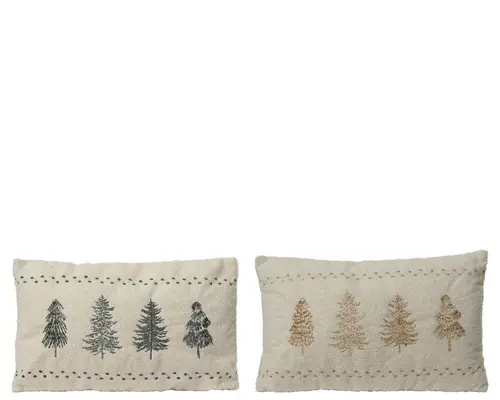 Coussin blanc en polyester brodé couleur motif sapins - 50 x 30 x 8 cm