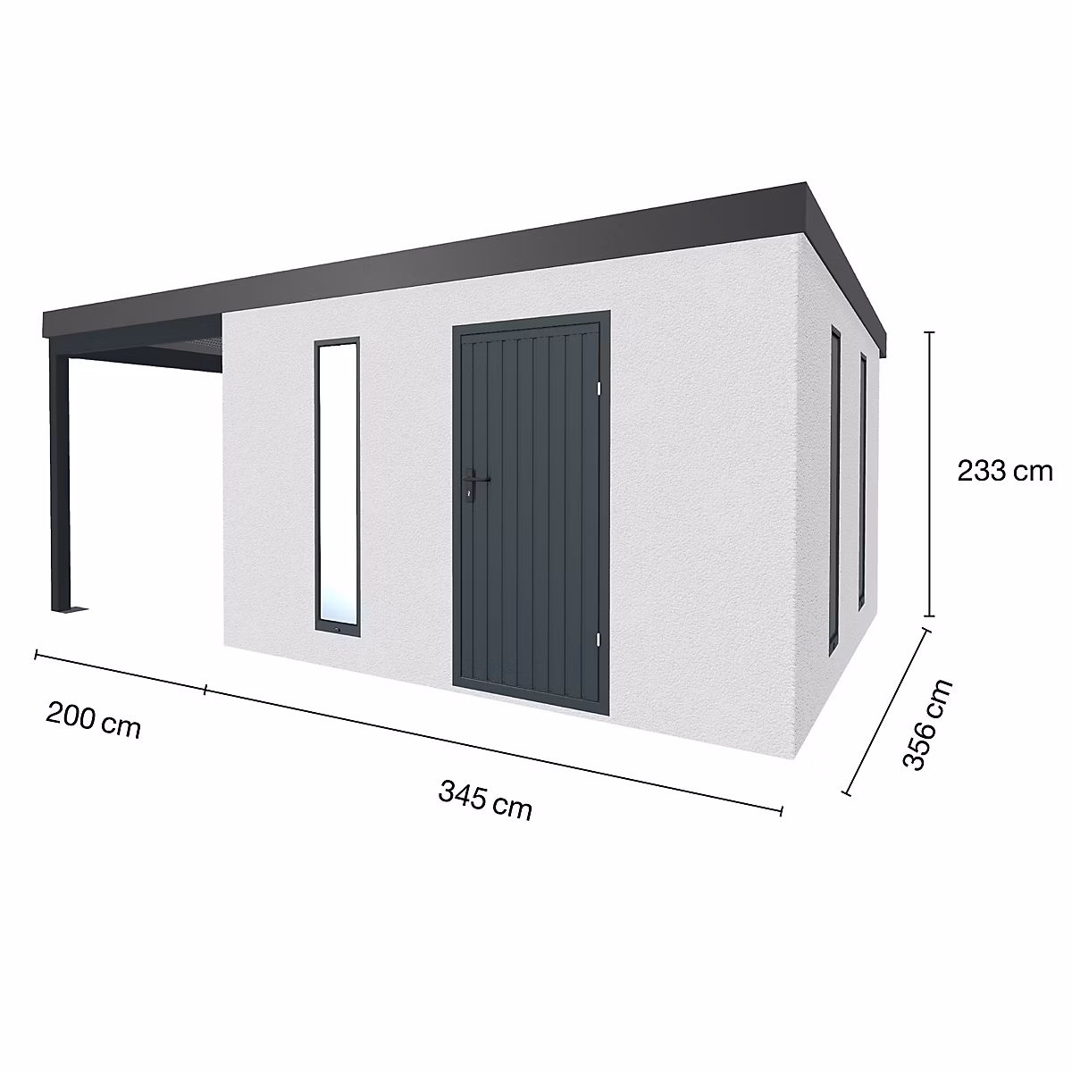 Abri de jardin en métal finition crépi 3450 × 3560 mm blanc avec auvent à gauche 2000 × 3560 mm anthracite