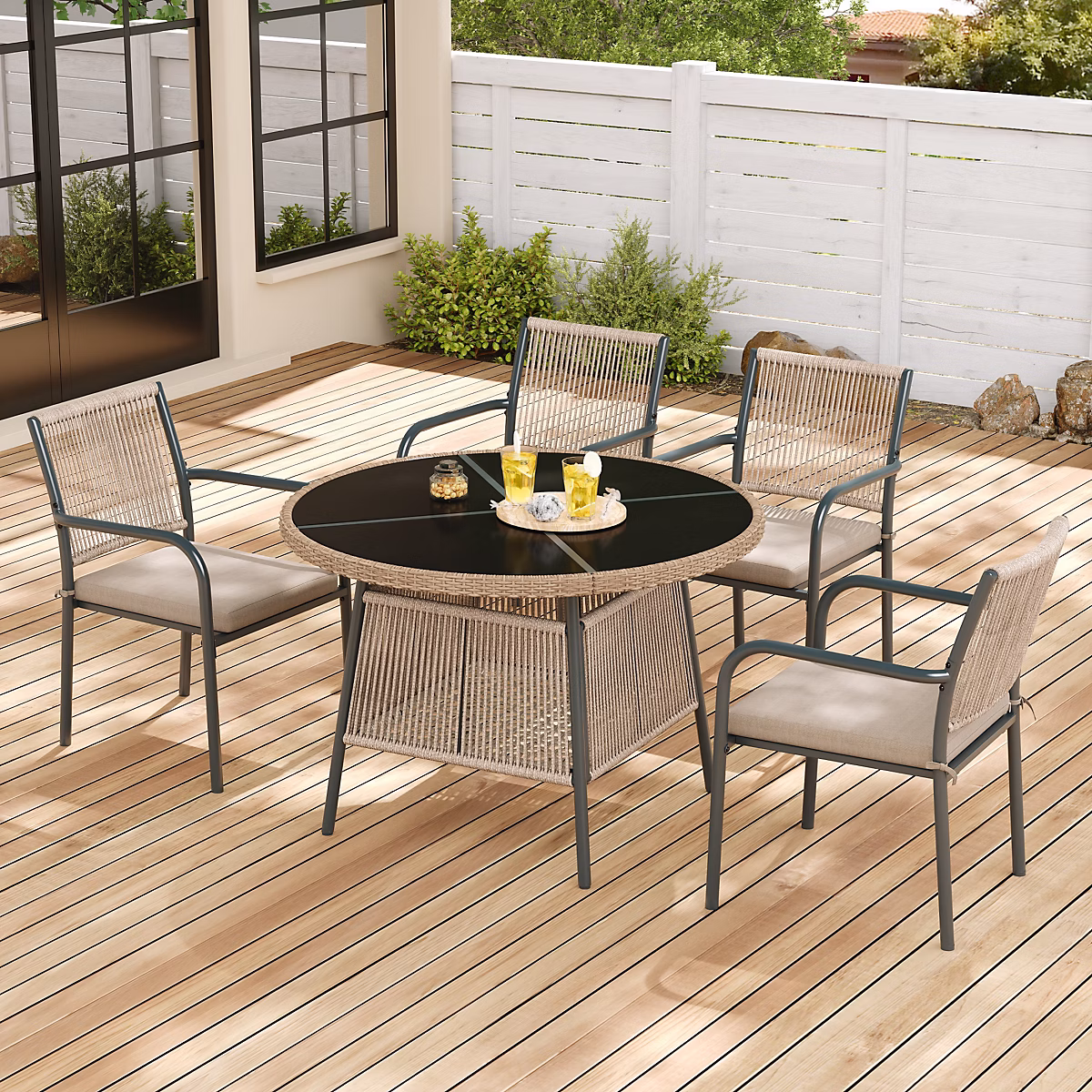Ensemble table et chaises de jardin en rotin pour 4 personnes – Table ronde en verre + 4 fauteuils, Structure en fer, Gris