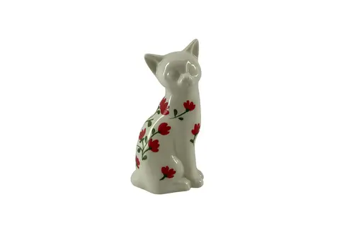 Chat debout en céramique blanche avec motifs fleurs rouges Louise - 13 x 10 x 7 cm