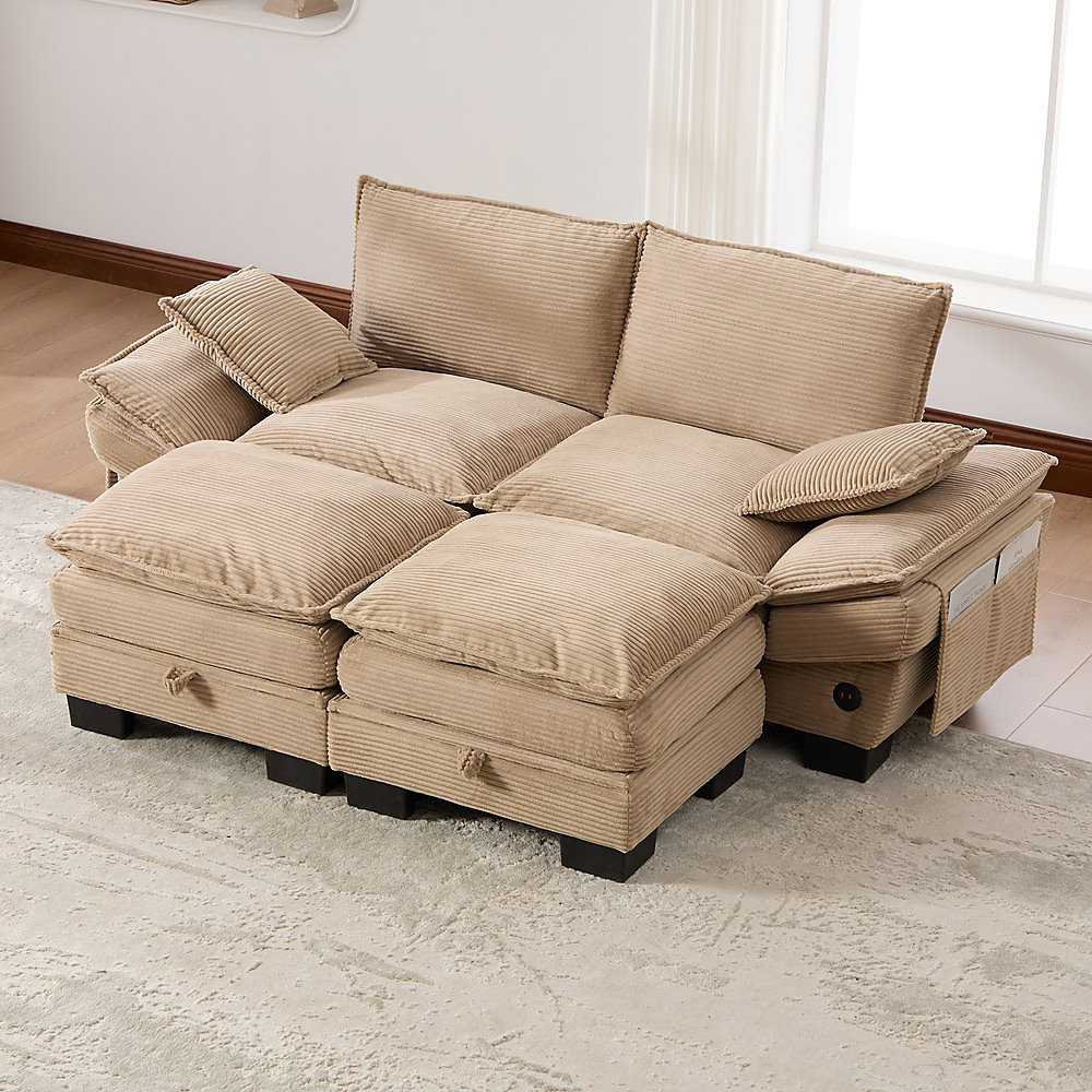 Canapé 2-places modulaire – khaki,2 tabourets,large assise,design ergonomique,rembourrage mousse haute densité,ports USB-C