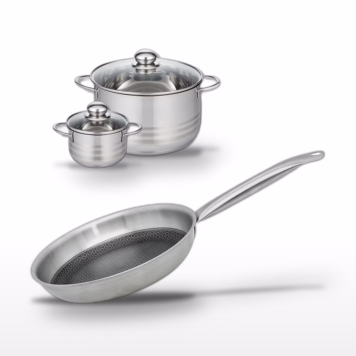 Matériel de cuisson – Batterie de cuisine avec 1 poêle 28 cm et 2 faitouts 12/20 cm en inox sans PFAS Elo Collection Relief Solution Brillant