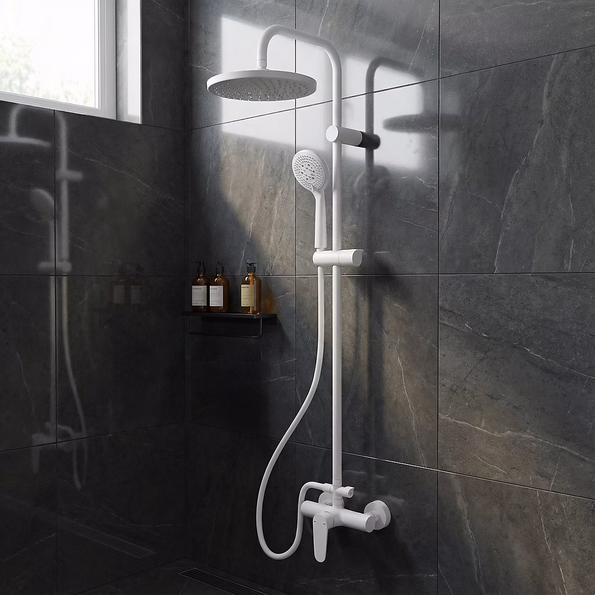 Colonne de douche mécanique blanche avec douchette et pomme de tête – GoodHome Cavally