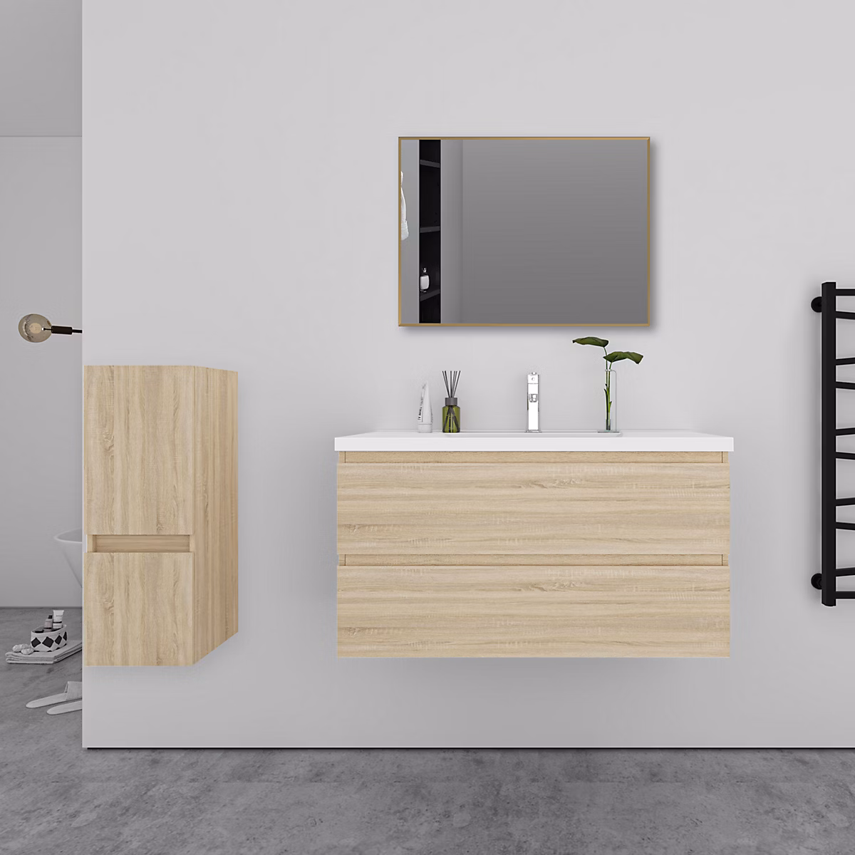 Ensemble meuble de salle de bains – Ensemble meuble Chêne et vasque L.100cm 2 tiroirs + colonne + lavabo + miroir