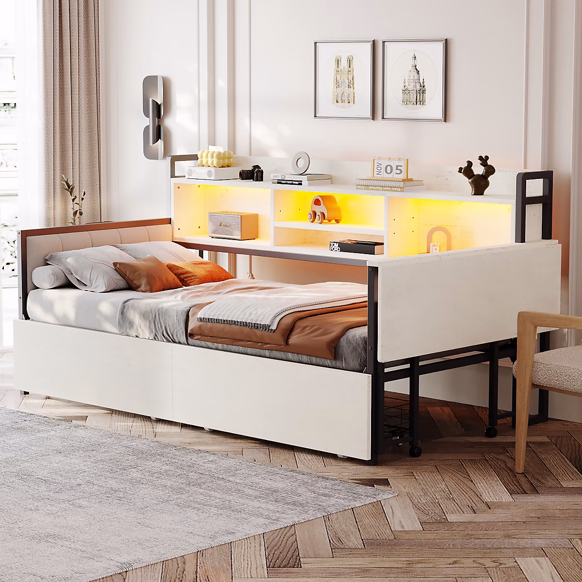 Canapé-lit 90 × 200 cm blanc avec LED – rangement, prise multifonction, bureau escamotable et dossier rembourré