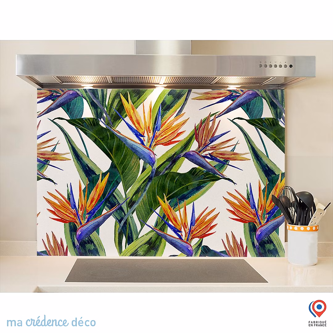 Crédence cuisine fond de hotte feuilles et fleurs tropicales 1 | Verre trempé – L 90 cm x H 70 cm – MaCrédenceDéco
