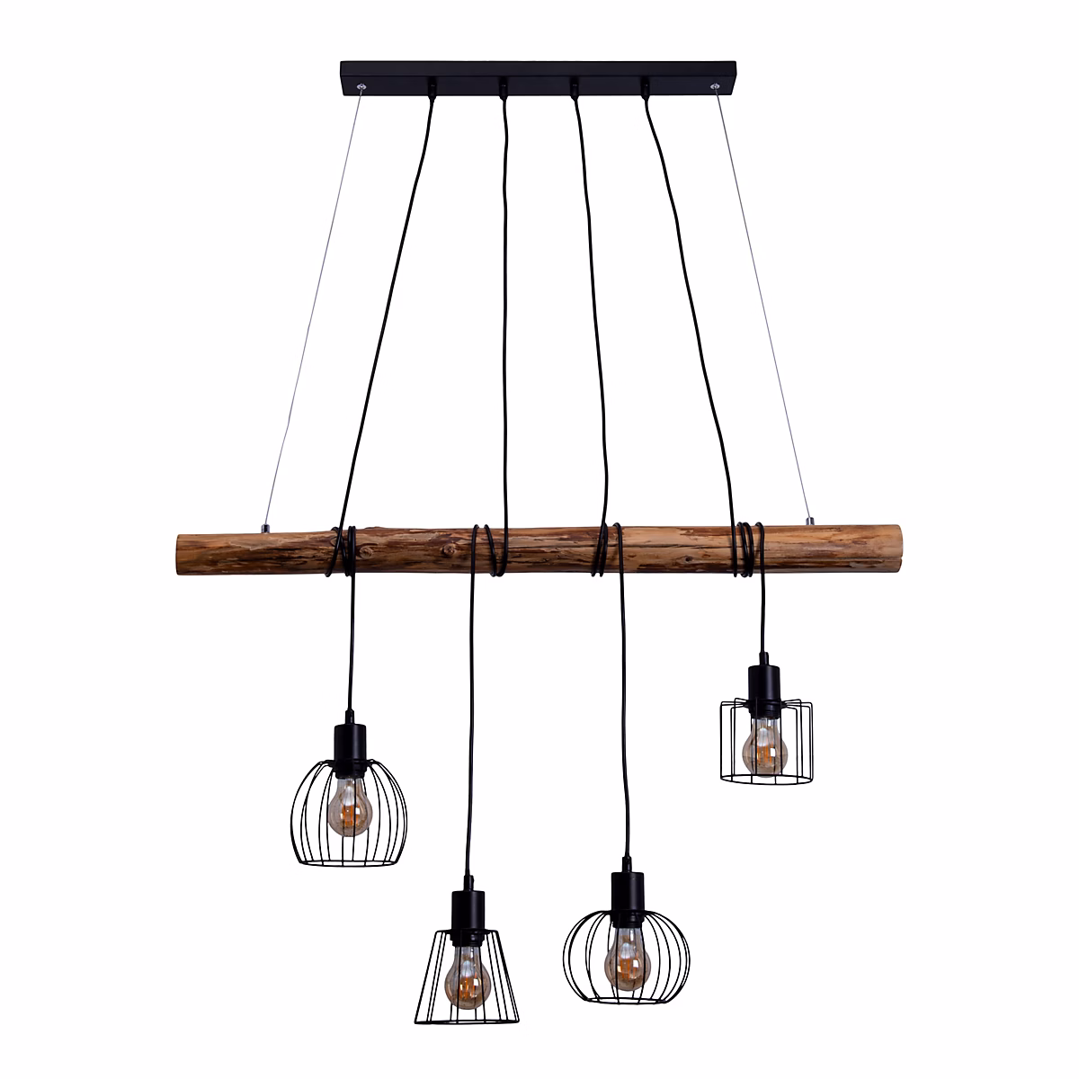 Luminaire et éclairage intérieur – 4 lampes suspendues WOODLAND metal et bois noir douilles E27 naturelles pour salon salle à manger entree bureau 100 cm