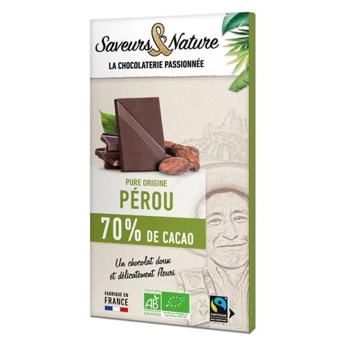 Chocolat noir 70% origine Pérou bio Saveurs et Nature - 80 g