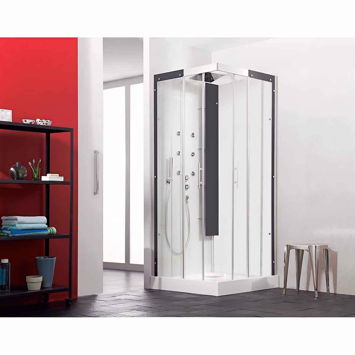 Cabine de douche hydromassante KINEDO HORIZON 90x90 hauteur receveur 17 – 5cm 2 portes coulissantes finition perle noire