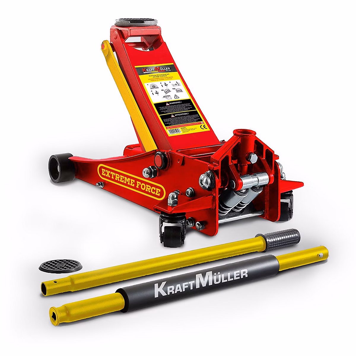 Cric hydraulique Kraft Müller PRO K497 – Haut. de levage 49 | 5cm | Levée rapide grâce au système à double | pompe | Rouge/Jaune