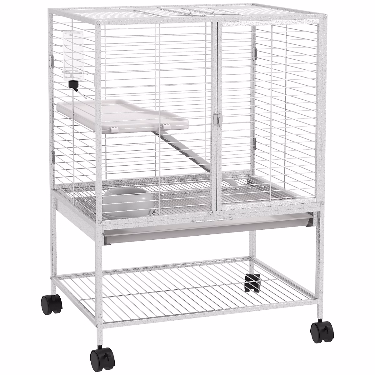 Chien – Cage pour rongeurs furet chinchilla plateforme rampe 2 portes biberon gamelle plateau étagère acier gris clair