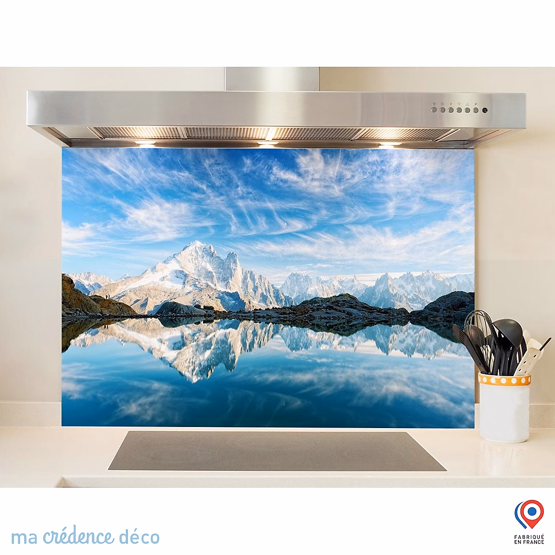 Crédence cuisine fond de hotte Lac et Mont Blanc 2 – Verre trempé | L 90 cm x H 60 cm | MaCrédenceDéco