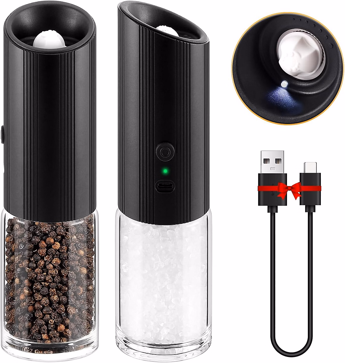 Ensemble de moulins à sel et poivre électriques de type C rechargeables avec lumière LED – Réf. BWXEURQAY7704342442