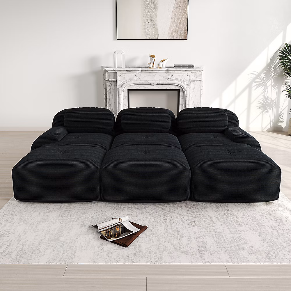 Canapé modulable 3 places avec 3 poufs en tissu velours côtelé – noir | accoudoirs extra | larges | rembourrage hautement élastique 32D