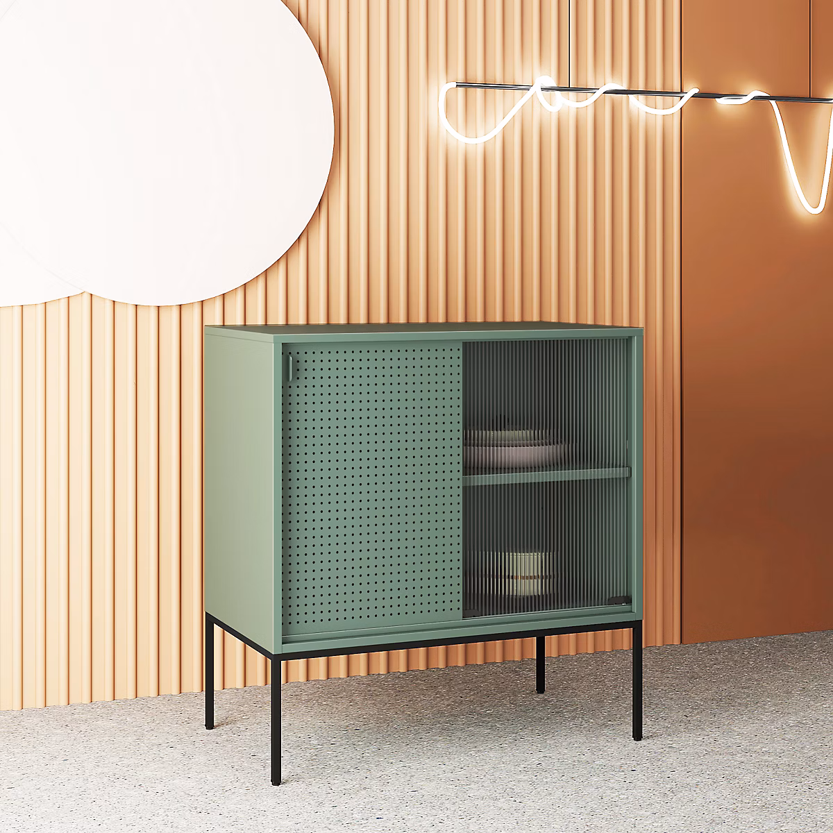 Buffet métallique Eidsvoll acier verre ondulé 85 × 80 × 45 cm vert noir en.casa