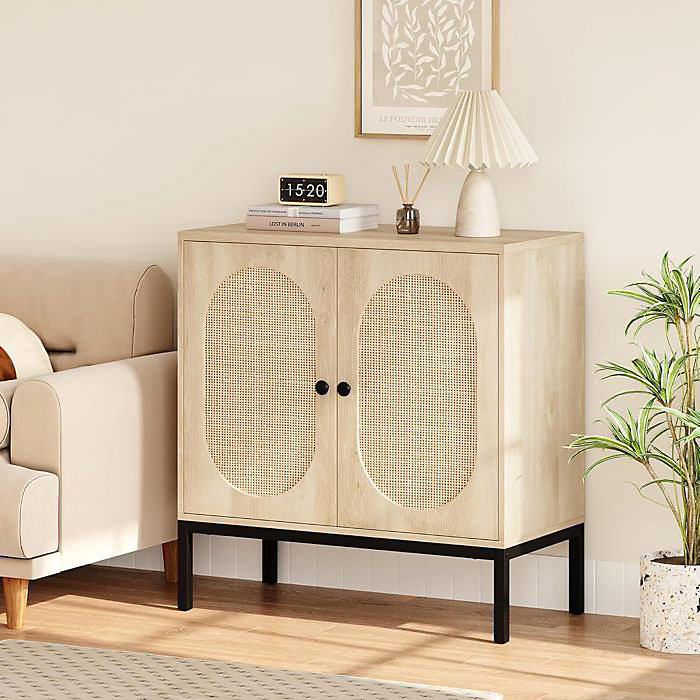 Buffet de rangement | HOERFURIY – 80 × 40 × 83cm – 2 portes – Rotin naturel – Style scandinave