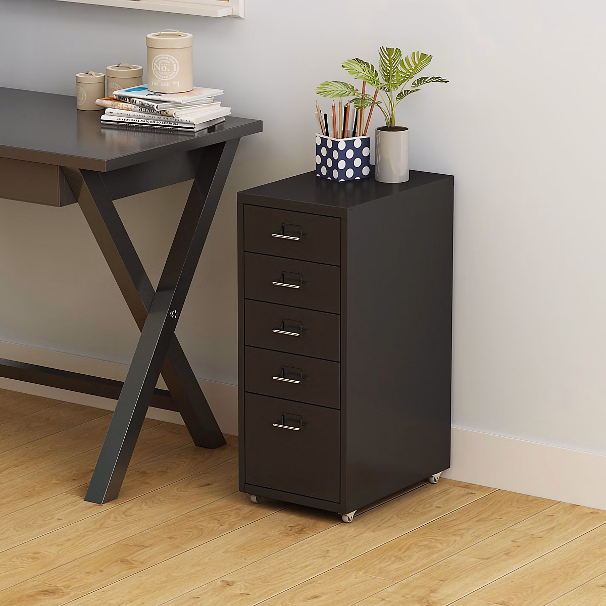 Caisson de bureau Kökar à roulettes avec 5 tiroirs 69 × 28 × 41 cm noir en.casa