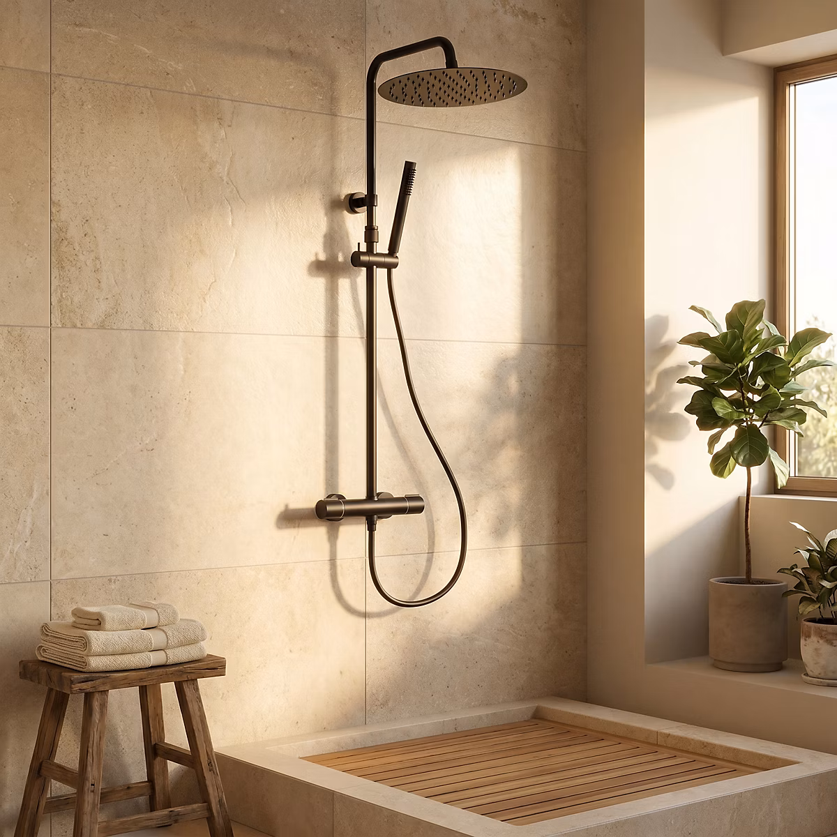 Colonne de douche thermostatique avec pommeau + douchette 1 jet + flexible – noir, Essebagno Lollipop