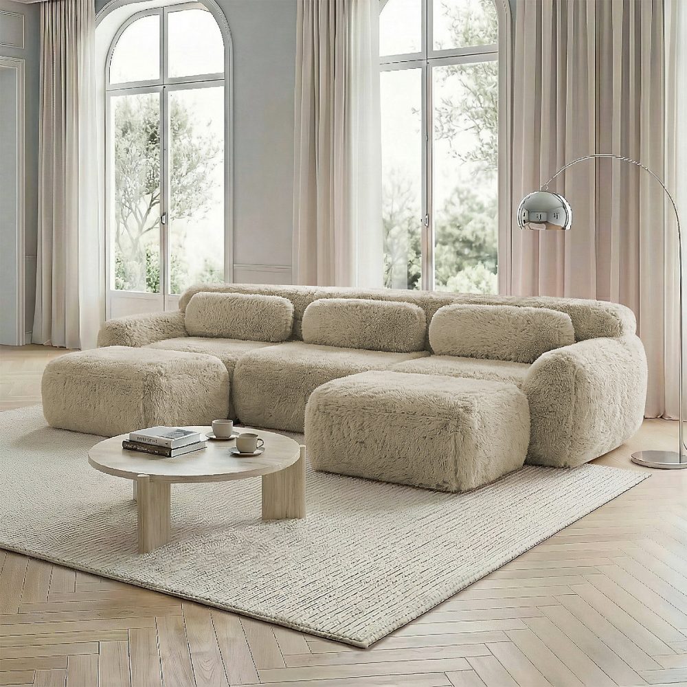 Canapé modulaire en U – sans montage, tissu pelucheux, kaki clair
